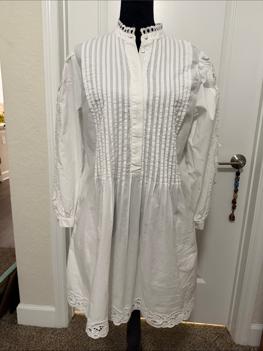 Madewell White Pintuck & Lace Long Sleeve Mini Dress